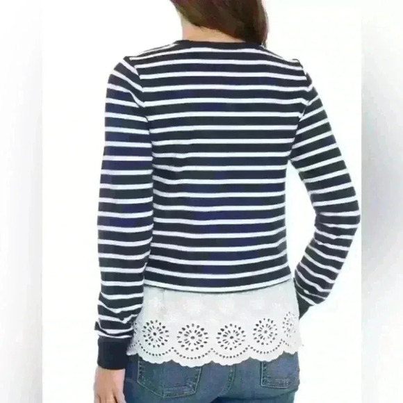 Crown & Ivy Long Sleeve Eyelet Hem Sweatshirt Top Shirt Striped Navy Size Large - Picture 2 of 6